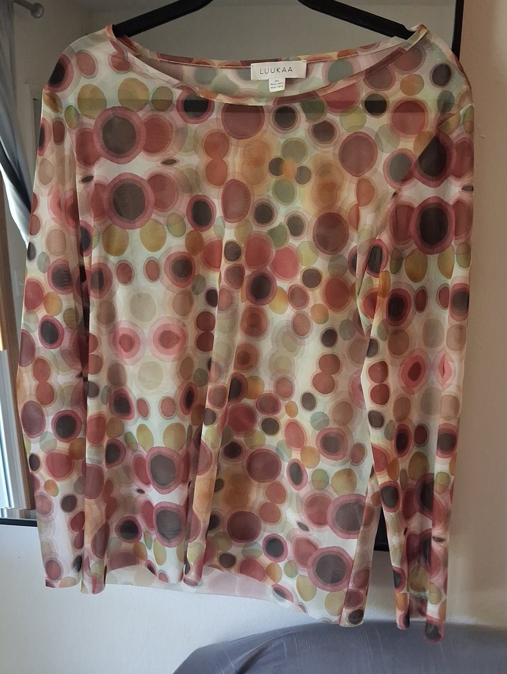 Luukaa Sheer Polka Dot Long Sleeve Shirt in Pink, Green, Brown